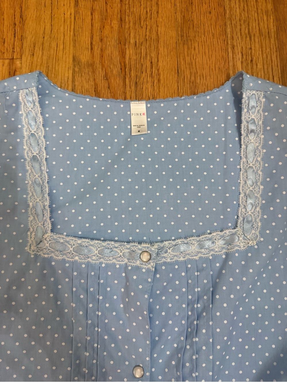 PINK Blue Polka Dot Lace Trim Pearl Button Short Sleeve Nightgown Grandma Core M - Picture 4 of 9